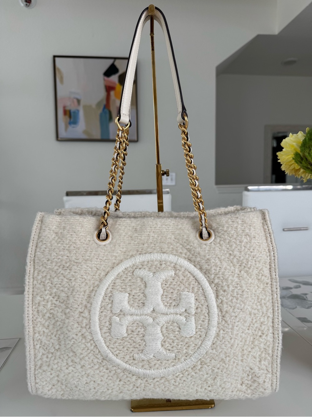 Tory Burch Ivory Wool Logo Shoulder Bag